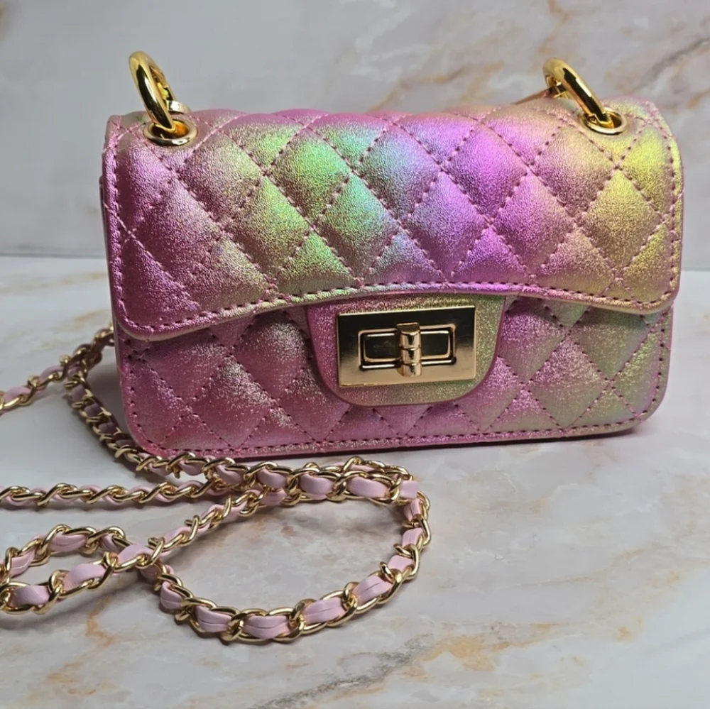 Iredesent pink rainbow mini quilted Flap Bag added pink strap and hoops